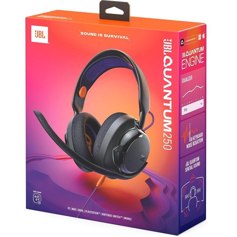 JBL Quantum 250 wired gaming headset retail box with headset photo and key features