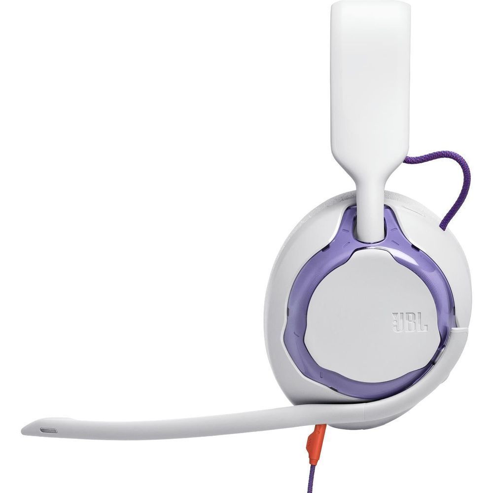 White over-ear headset with purple inner ring, orange cord, and boom mic