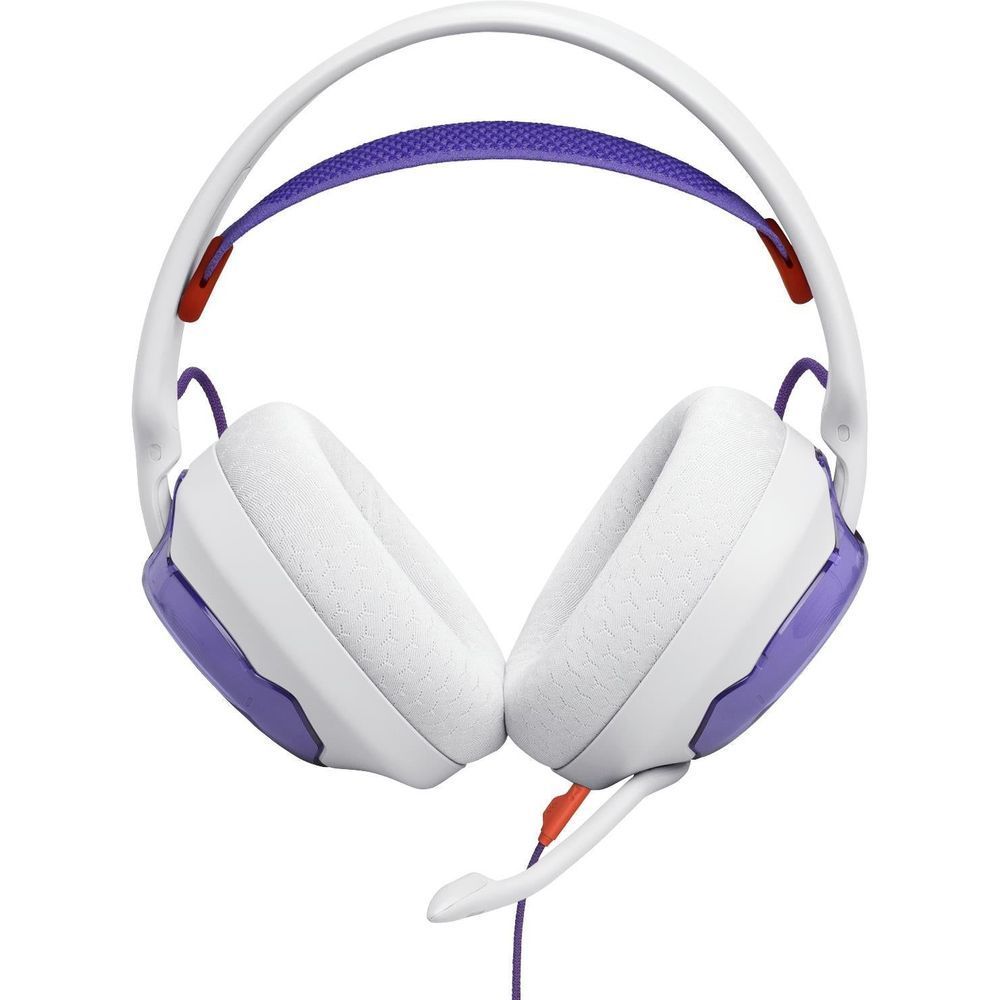 White over-ear headphones with padded cushions, purple accents, and boom mic