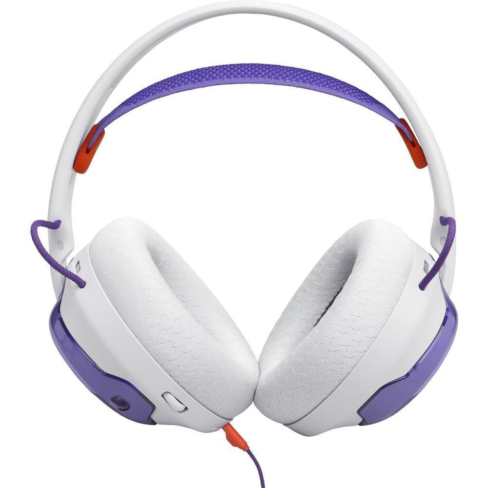 White over-ear headphones with purple headband accents and orange-tipped cord
