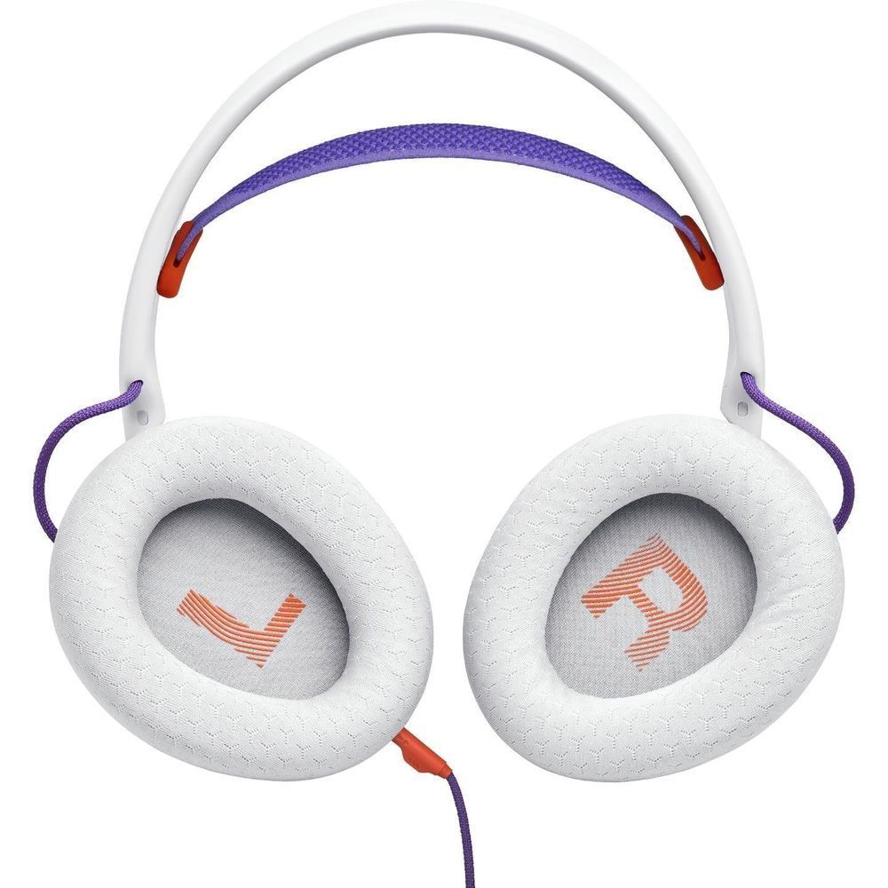White ear cushions with orange JBL logo on wired over-ear headset