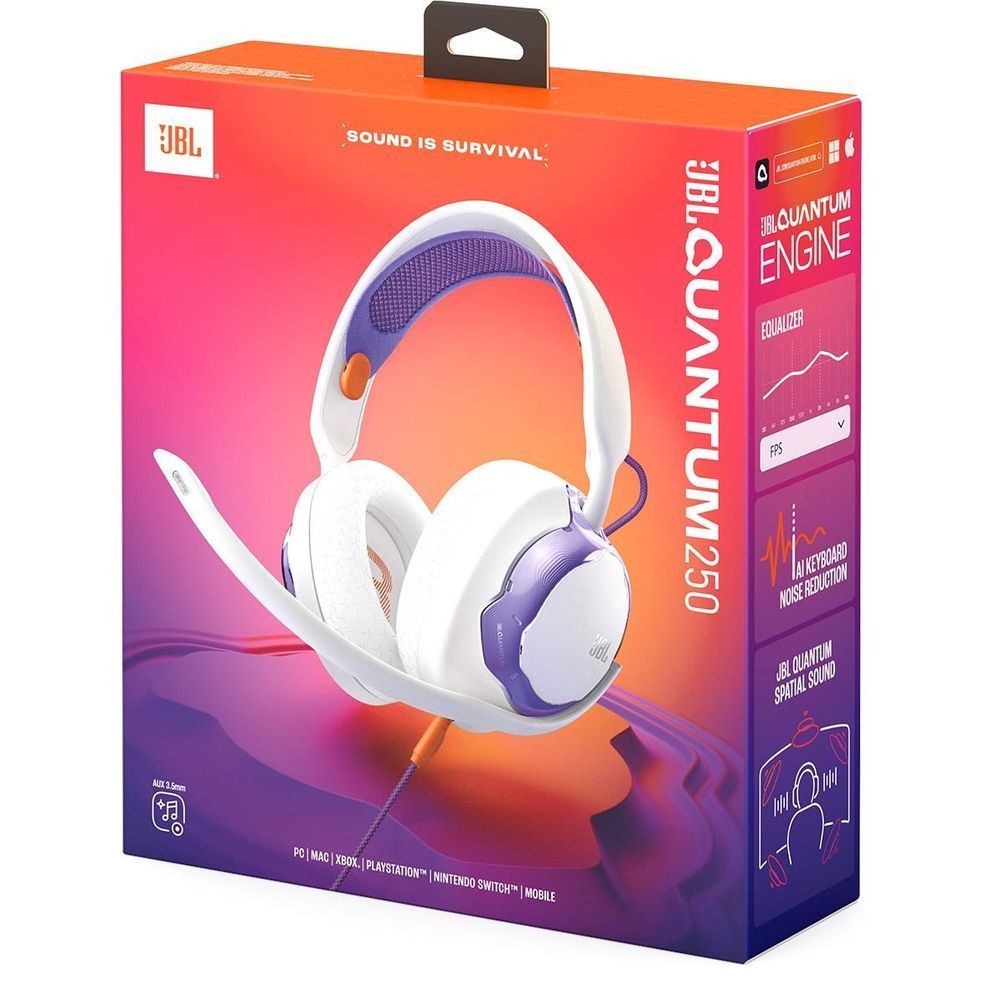 JBL wired gaming headset retail box showing white and purple headset design