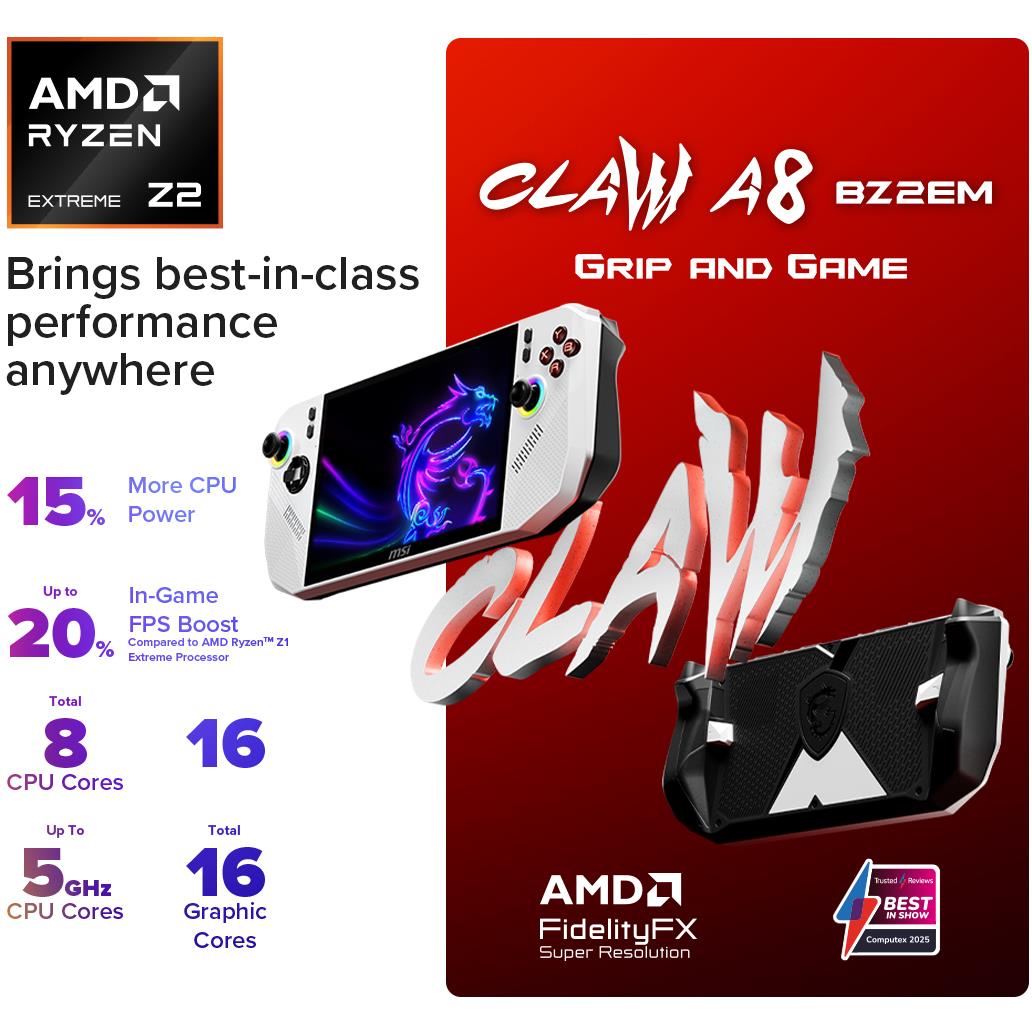 MSI Claw A8 8" FHD + Touchscreen 120Hz Gaming Handheld - Ryzen Z2 Extreme (1TB SSD) - Polar Tempest