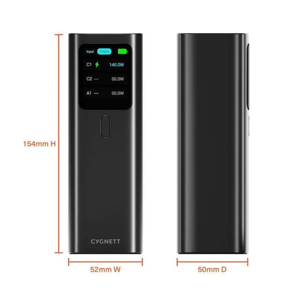 Black power bank shown from two side angles for a slim profile