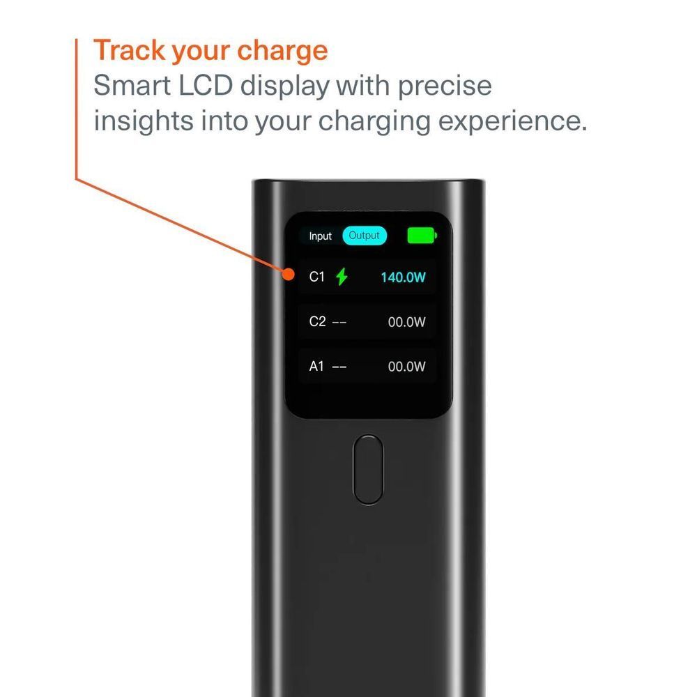 Black power bank with smart LCD screen and input/output status indicators