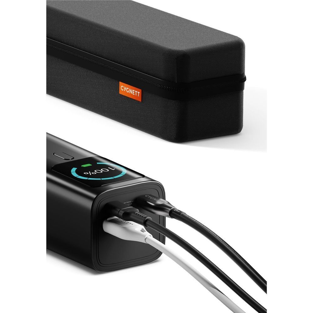 Black power bank close-up with connected cables and case branding