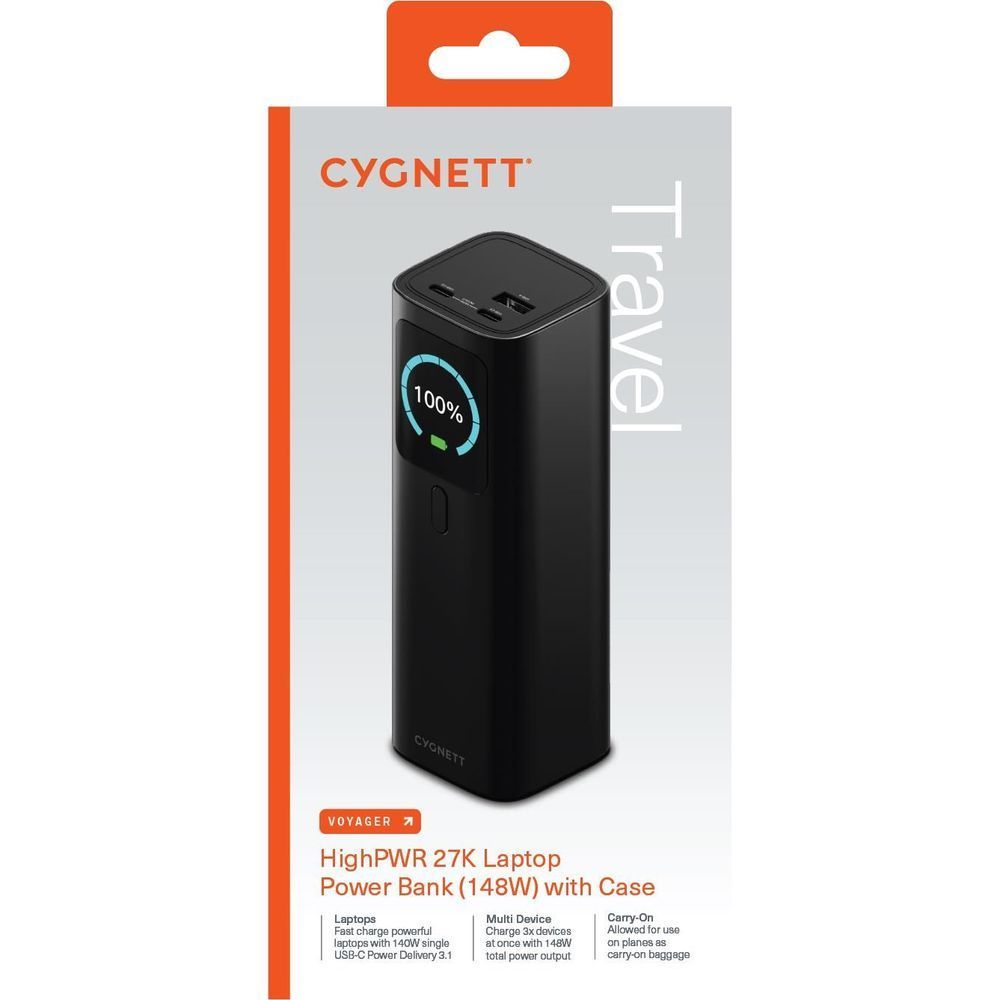 Retail box for black Cygnett HighPWR 27K laptop power bank with case