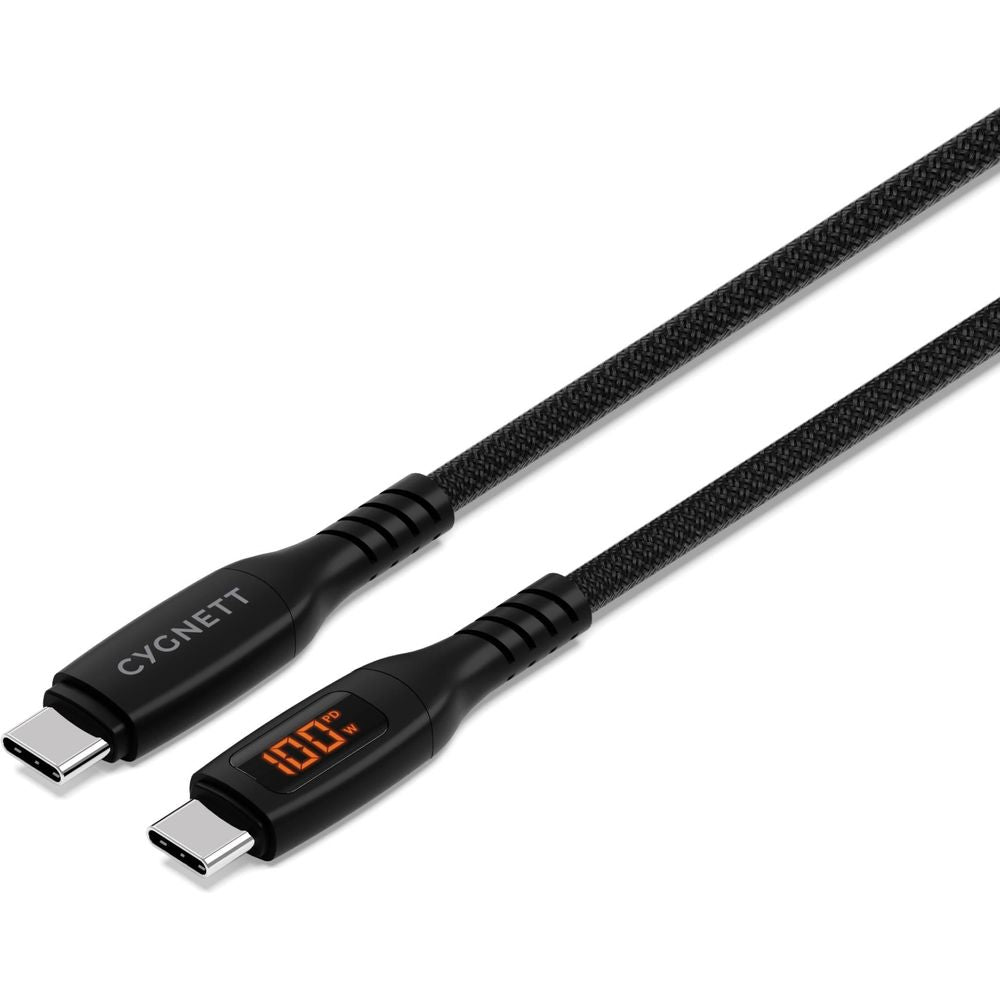 Black USB-C to USB-C cable with LED power display and braided texture, 1m length