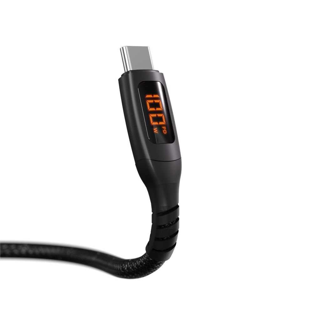 Black USB-C plug with orange LED watt display on braided USB-C to USB-C cable
