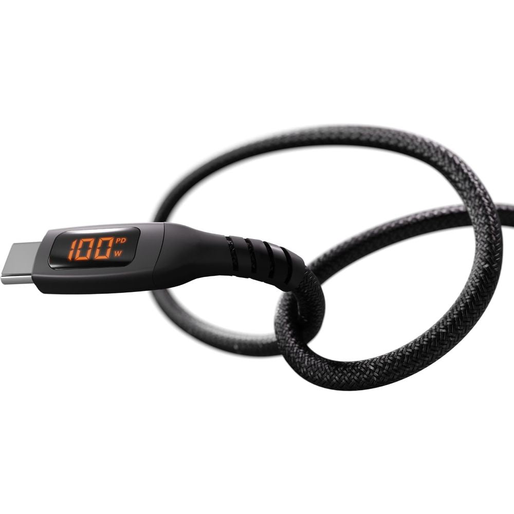 Black USB-C to USB-C cable with orange LED watt display, braided cord looped