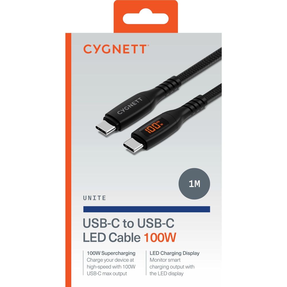 Cygnett Unite USB-C to USB-C LED cable, 1m, 100W, retail package with orange header