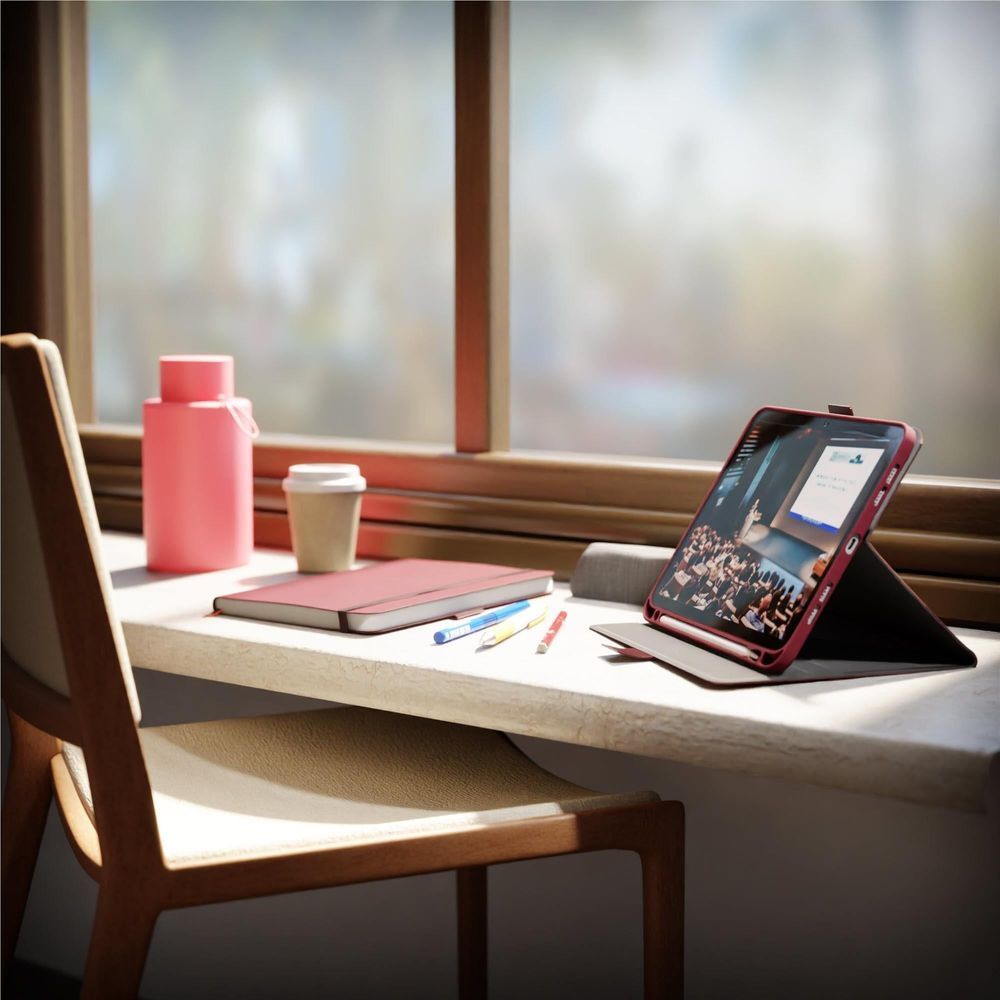 Cherry rose iPad folio case with tablet in a protective viewing stand