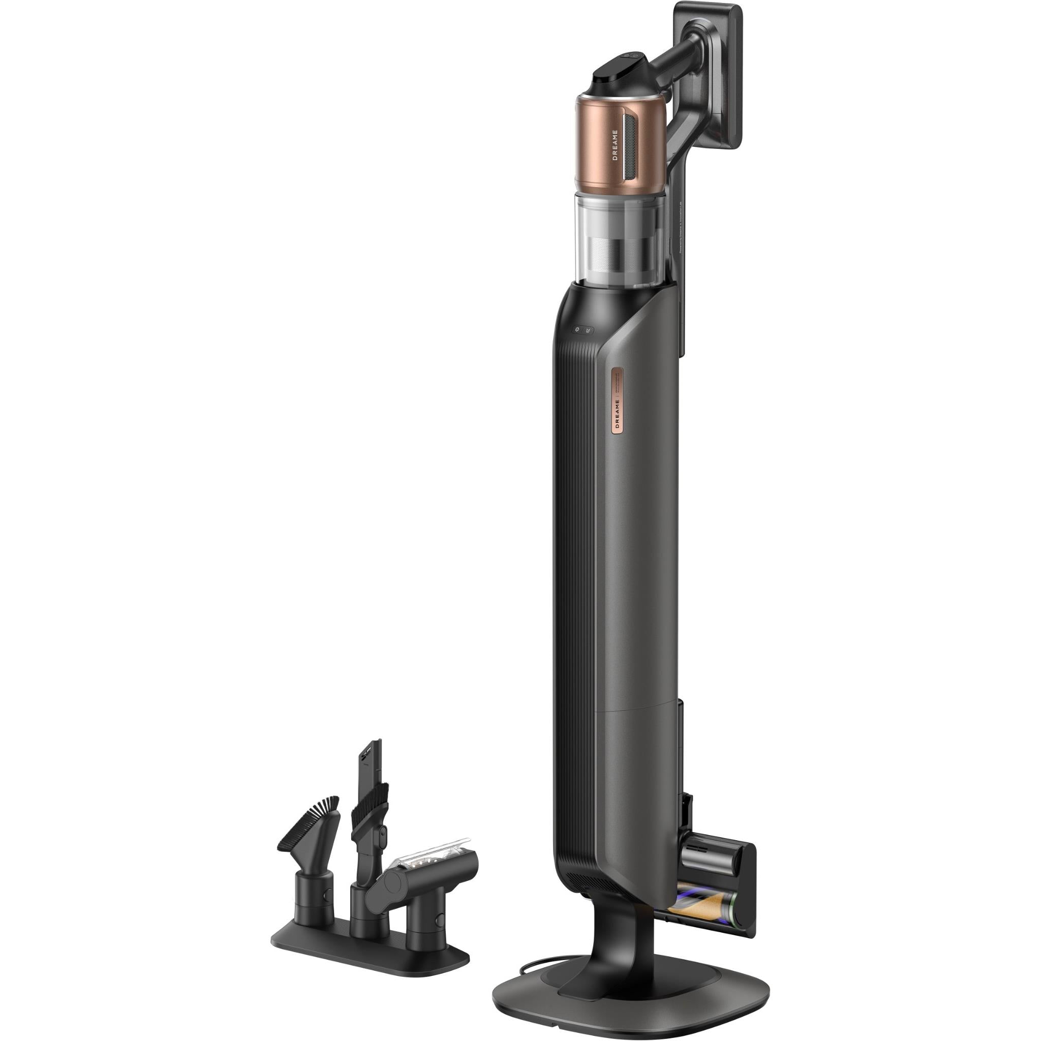 Black stick vacuum with self-empty base and transparent dust canister, copper accent