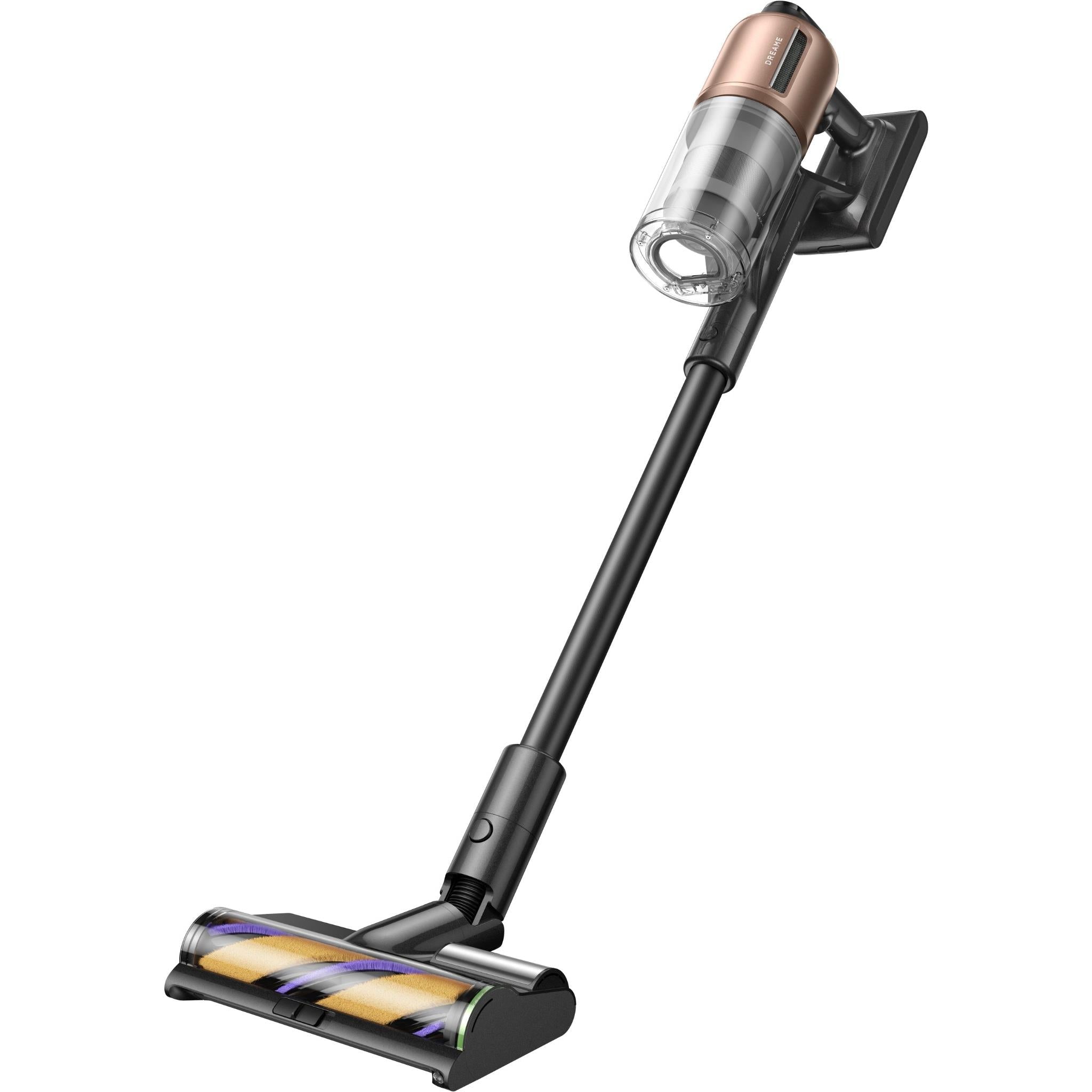 Black stick vacuum with floor brush and transparent dust bin, angled view