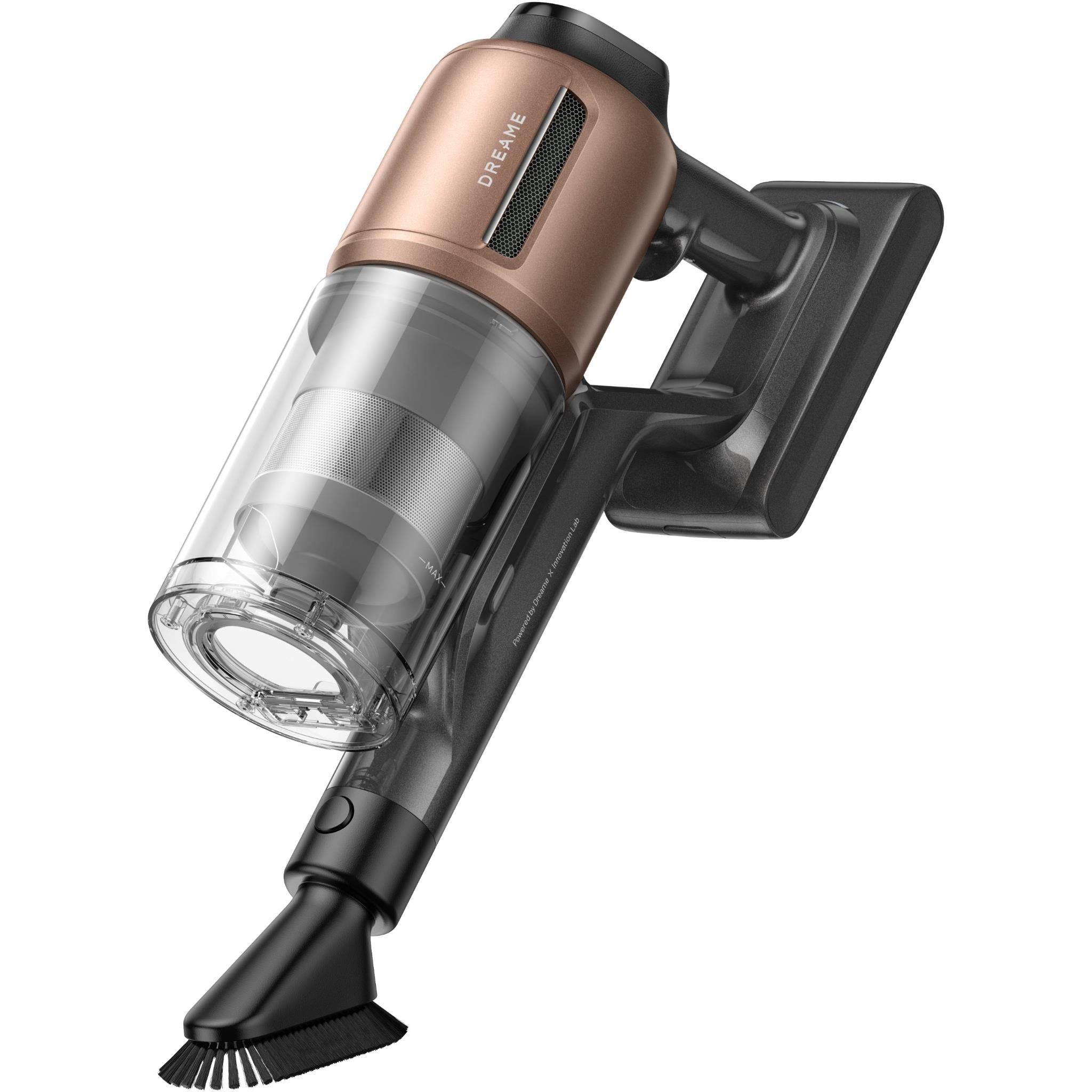 Black stick vacuum head with transparent dust canister and side brush, close-up