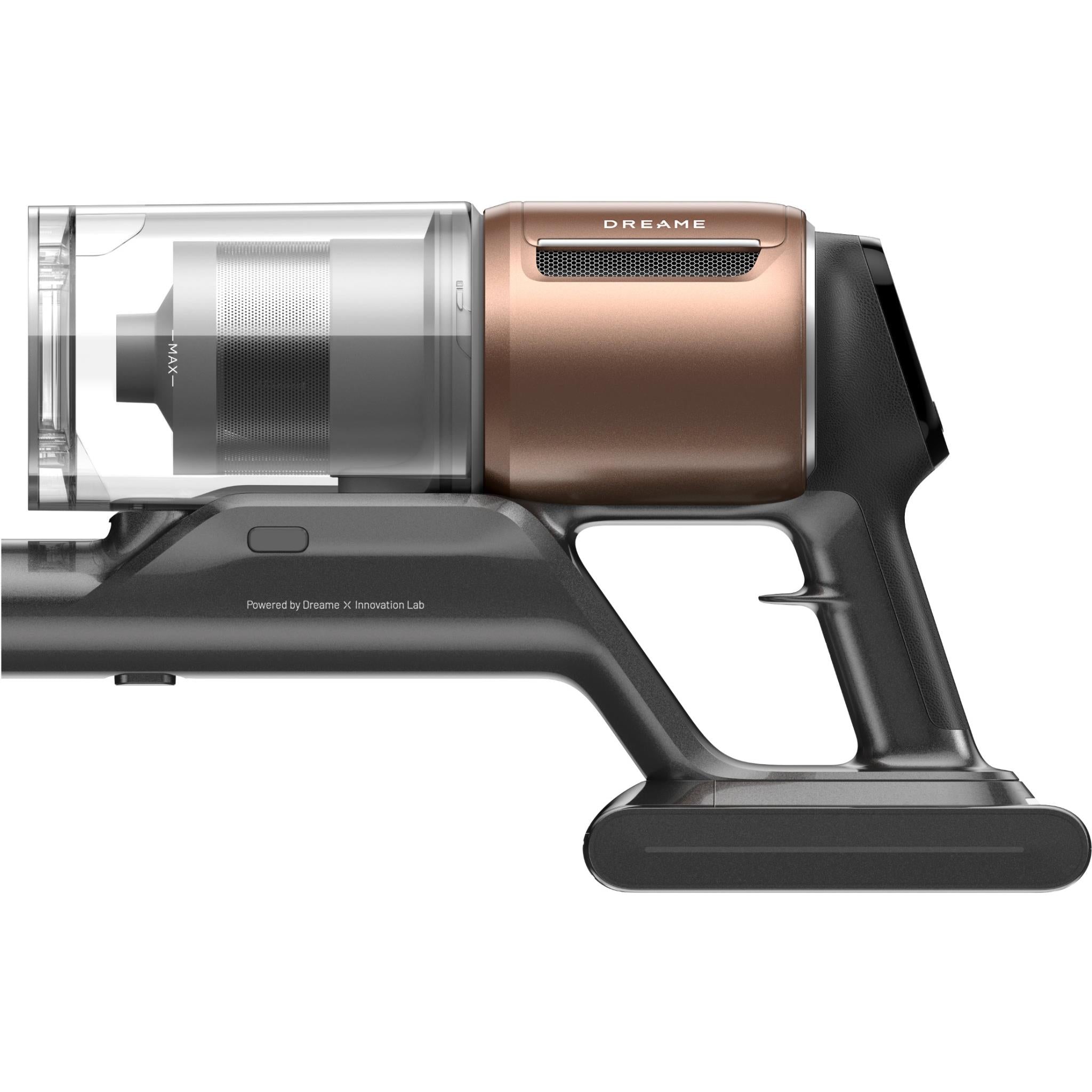 Black vacuum handle with transparent canister and copper motor housing, side close-up