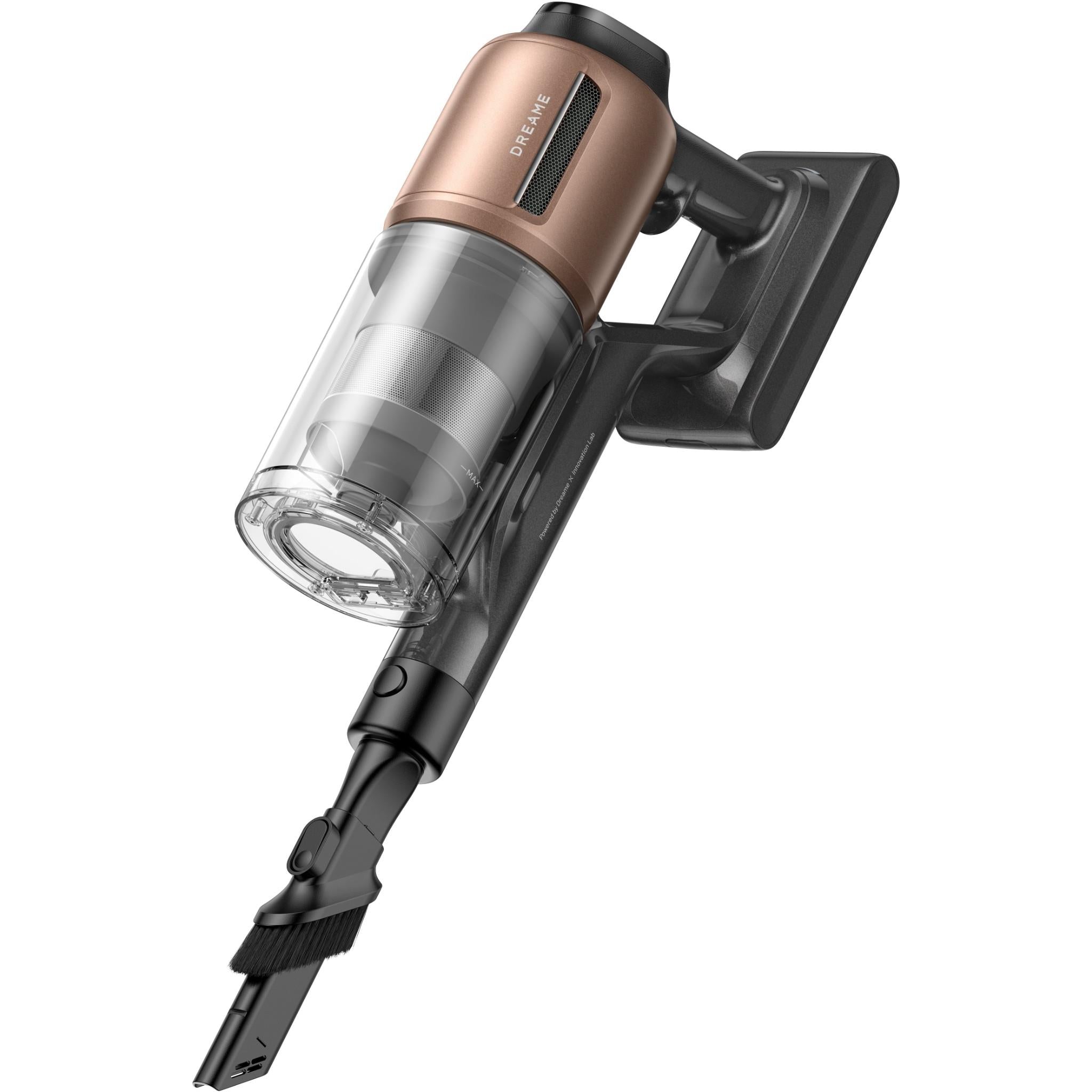 Black stick vacuum with transparent dust bin and floor nozzle, tilted view