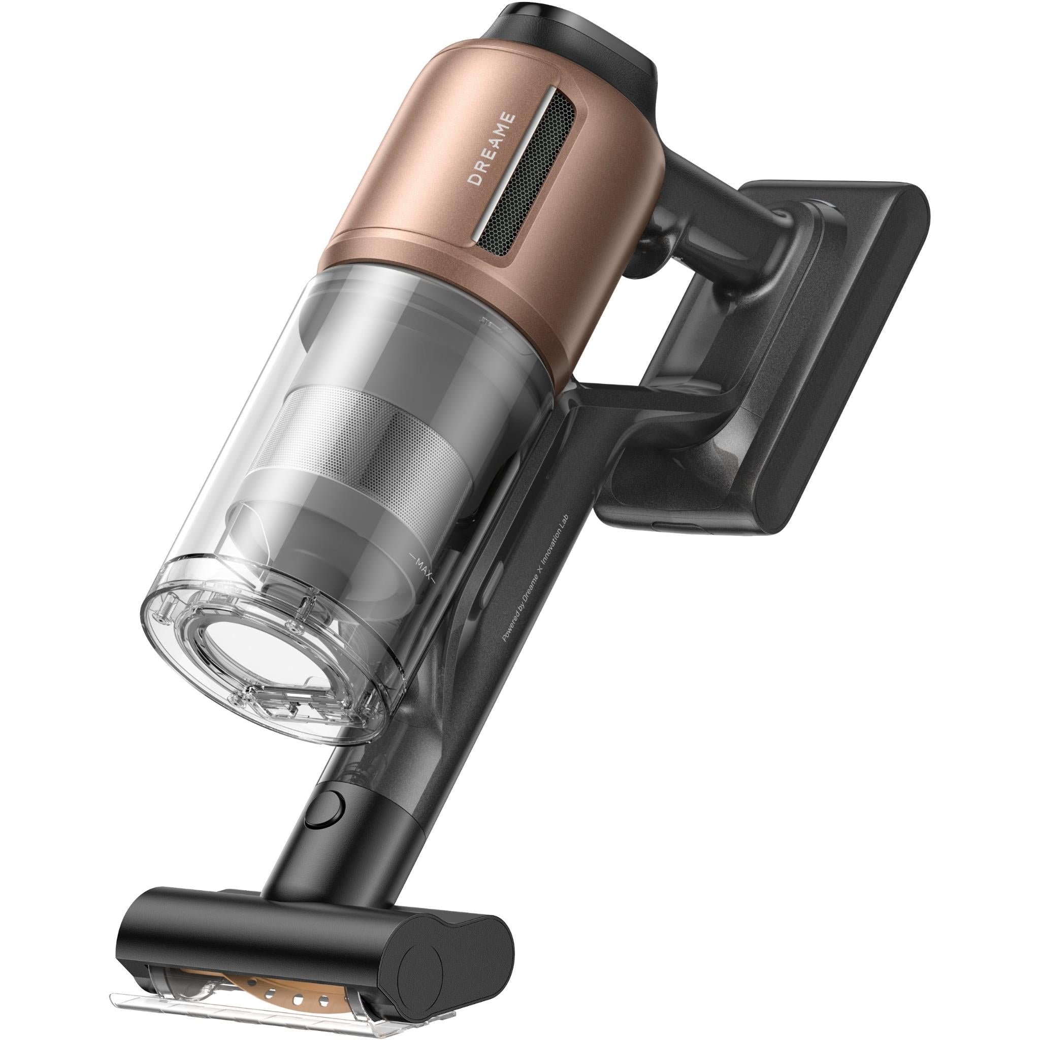 Black stick vacuum with transparent canister, floor nozzle, and docking base
