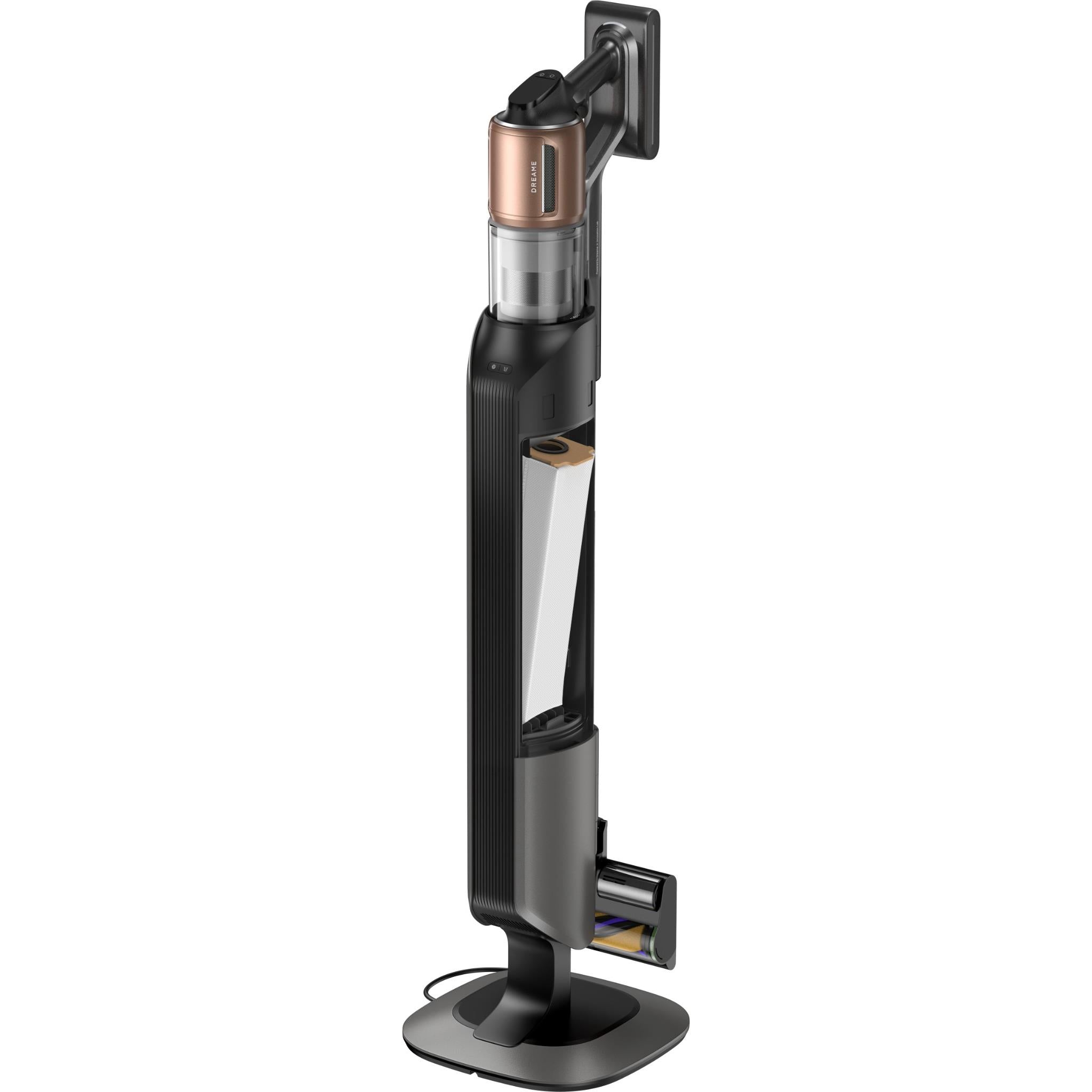 Black stick vacuum dock stand with transparent dust container, side view