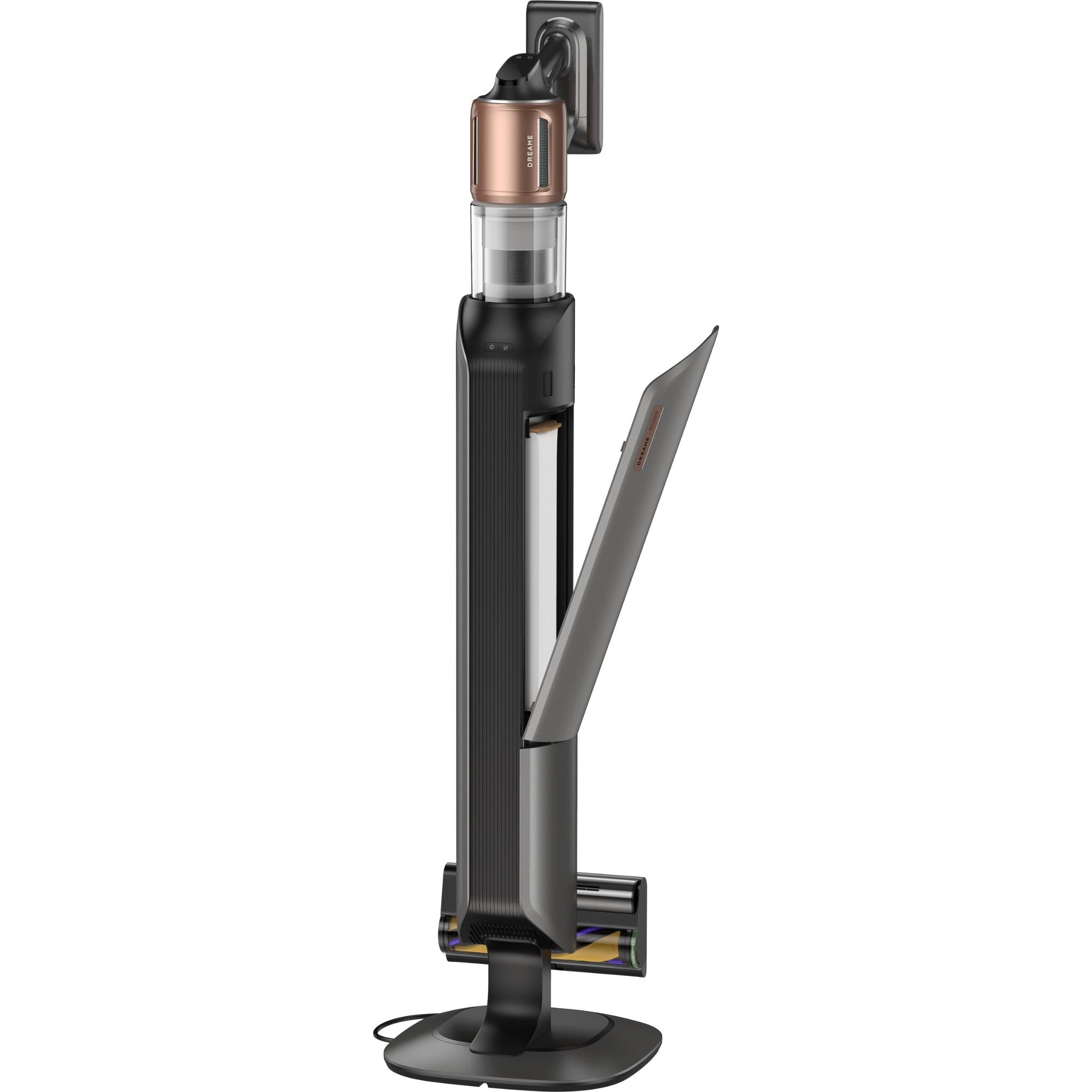 Black stick vacuum dock with side nozzle attachment and round base, front view