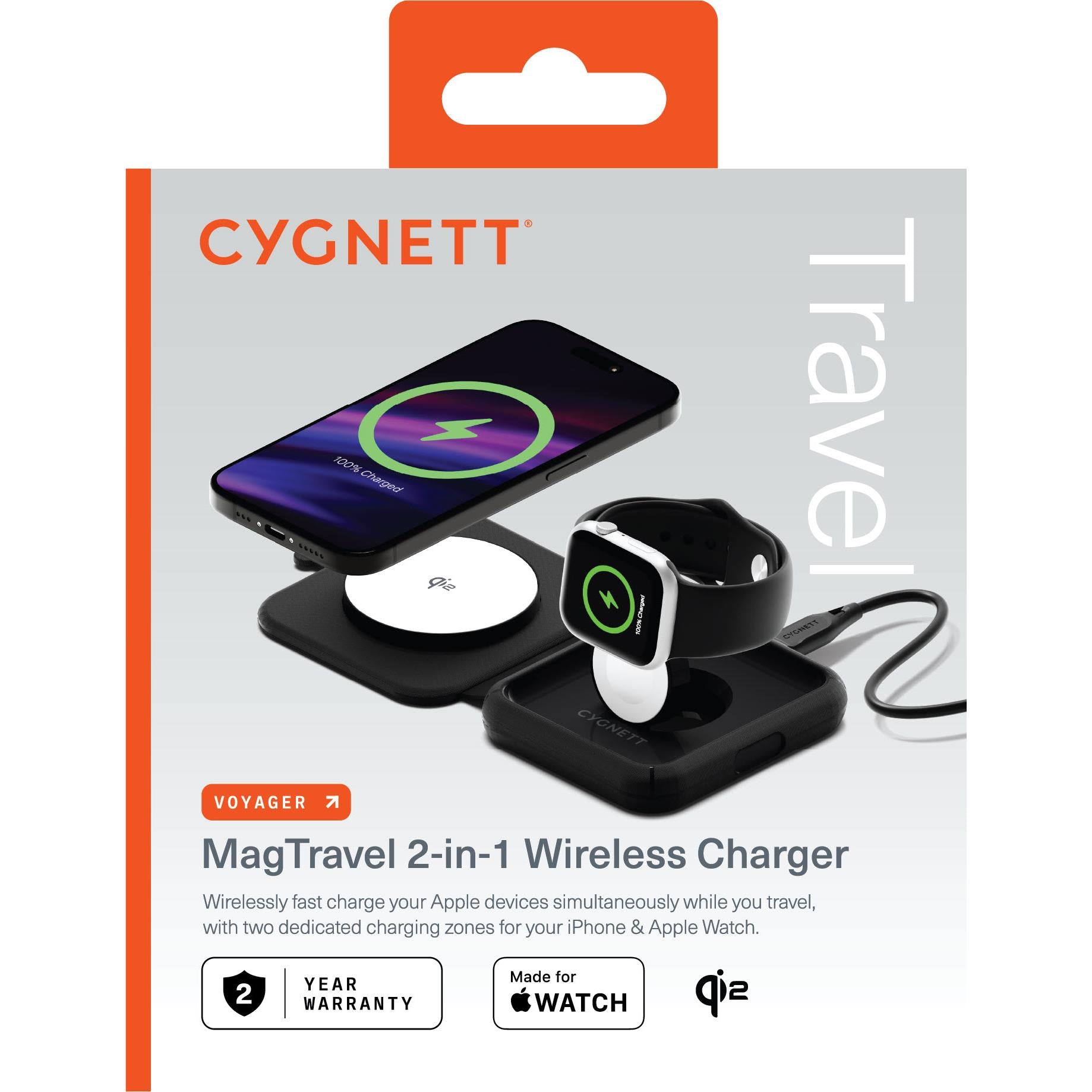 Cygnett Voyager MagTravel 2-in-1 Qi2 Wireless Charger