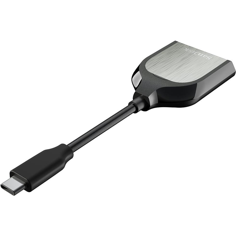 SanDisk USB-C SD card reader with attached cable and metal-silver top