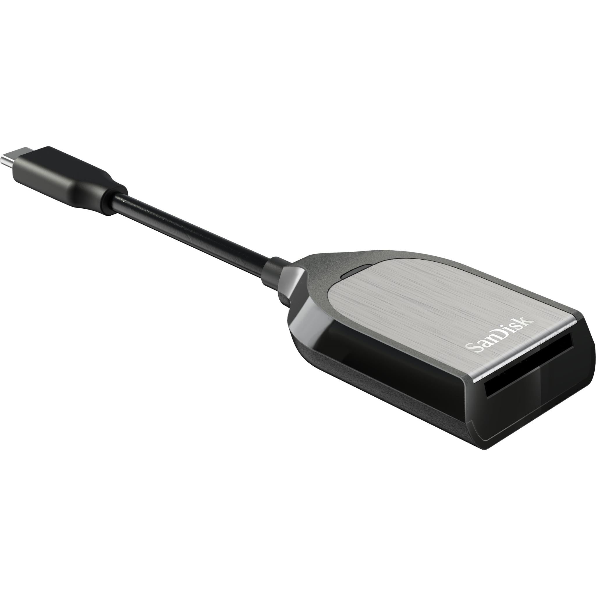 SanDisk USB-C SD card reader featuring silver top and front card slot