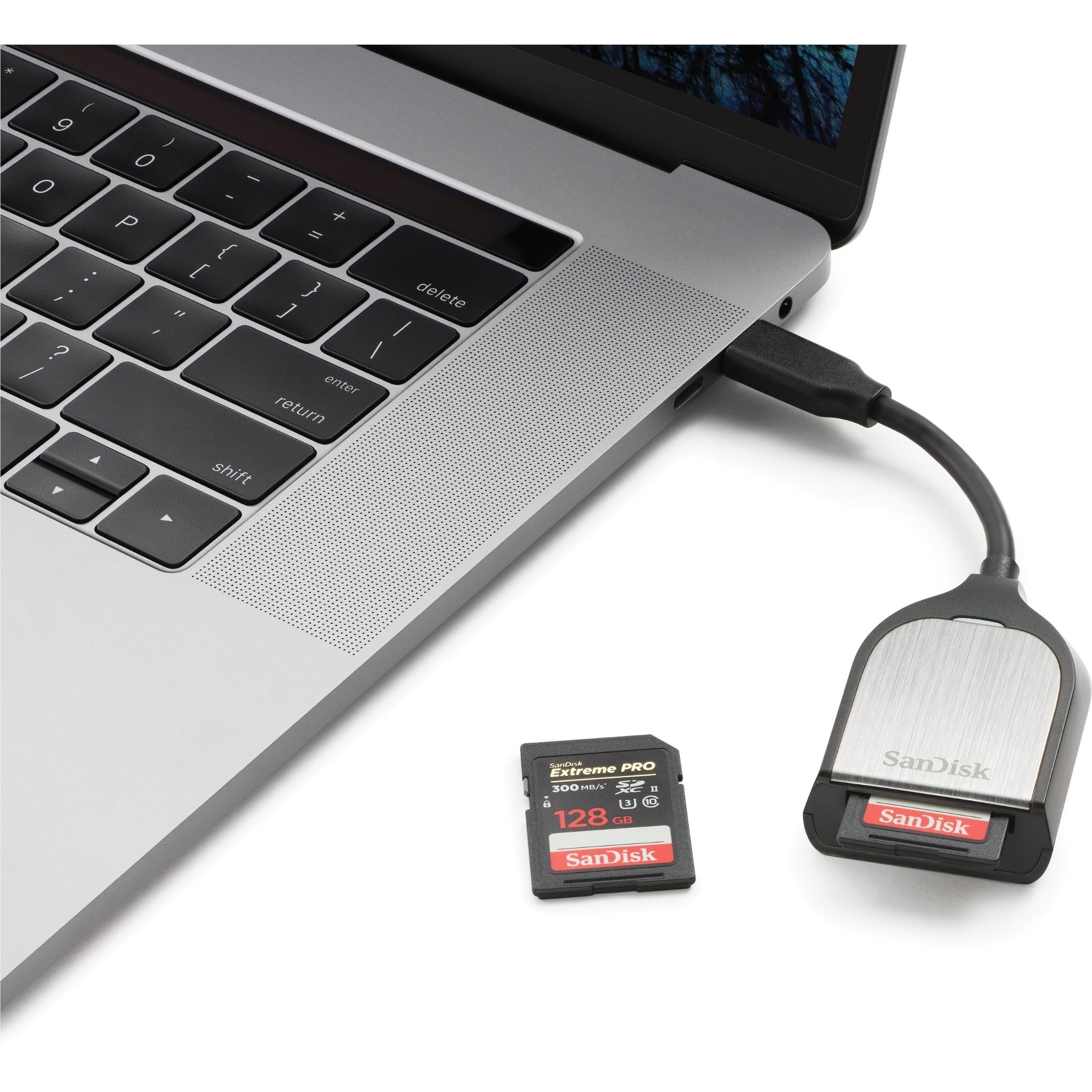 SanDisk USB-C SD card reader with cable and SD card inserted