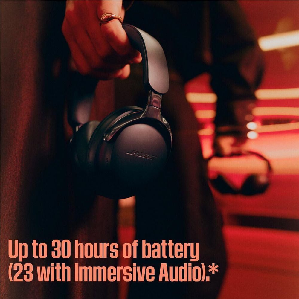Black Bose QuietComfort Ultra headphones held by strap, earcups visible