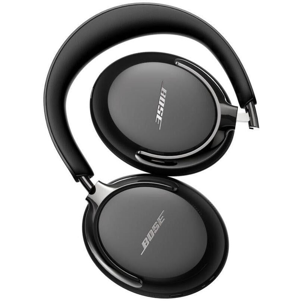 Black Bose QuietComfort Ultra headphones stacked, earcups with Bose logo