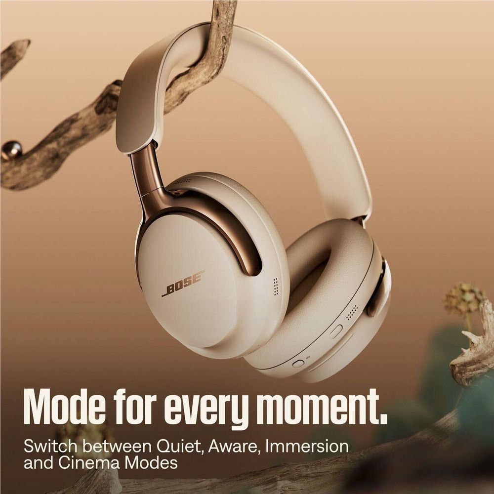 Bose QuietComfort Ultra over-ear headphones in Driftwood Sand with earcup controls