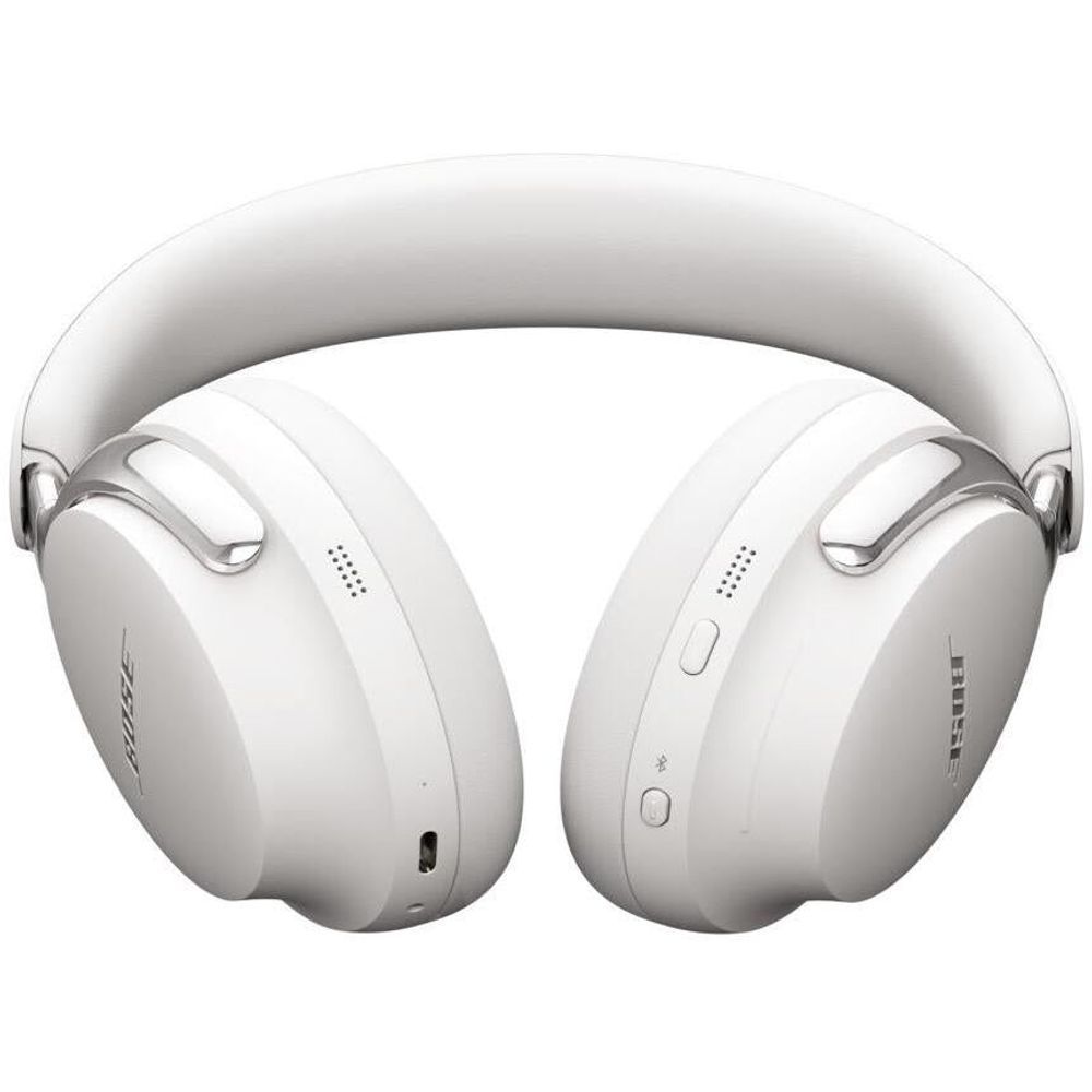 White Bose over-ear headphones angled view, side buttons and grille openings