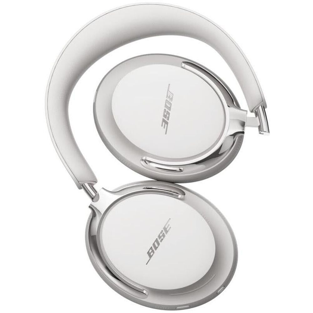 White Bose over-ear headphones with two ear cups folded, chrome hinges