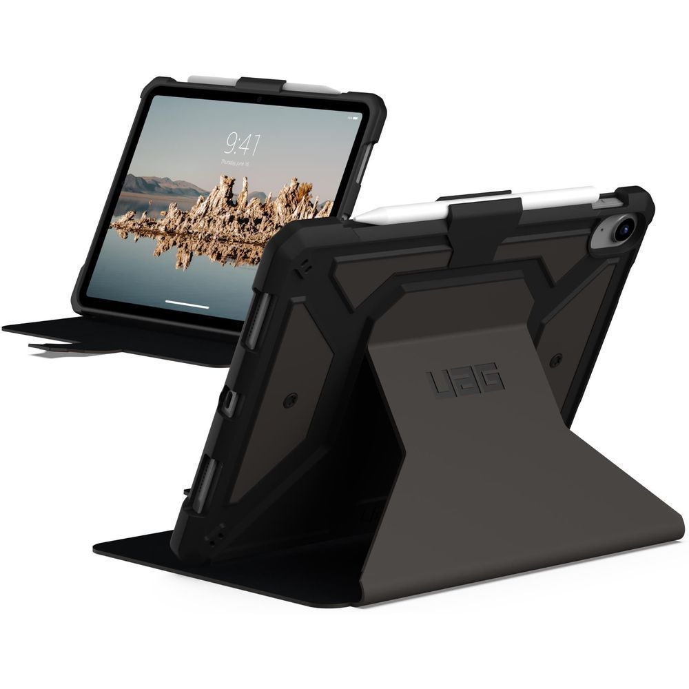Black iPad case with folding stand for landscape and portrait use