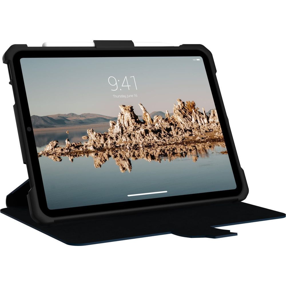 UAG Metropolis SE iPad case in stand mode with blue back and black bezel