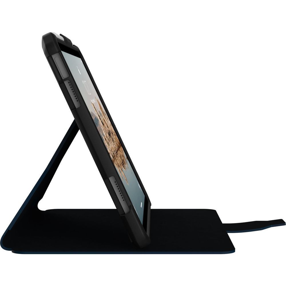 UAG Metropolis SE iPad case on kickstand, side view with blue protective cover