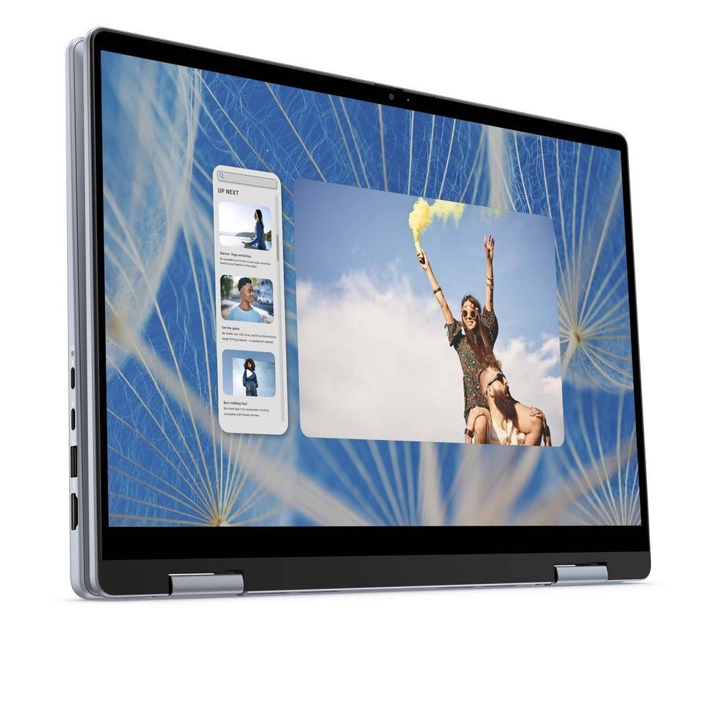 Dell Inspiron 7440 2-in-1 laptop with screen tilted up, silver chassis
