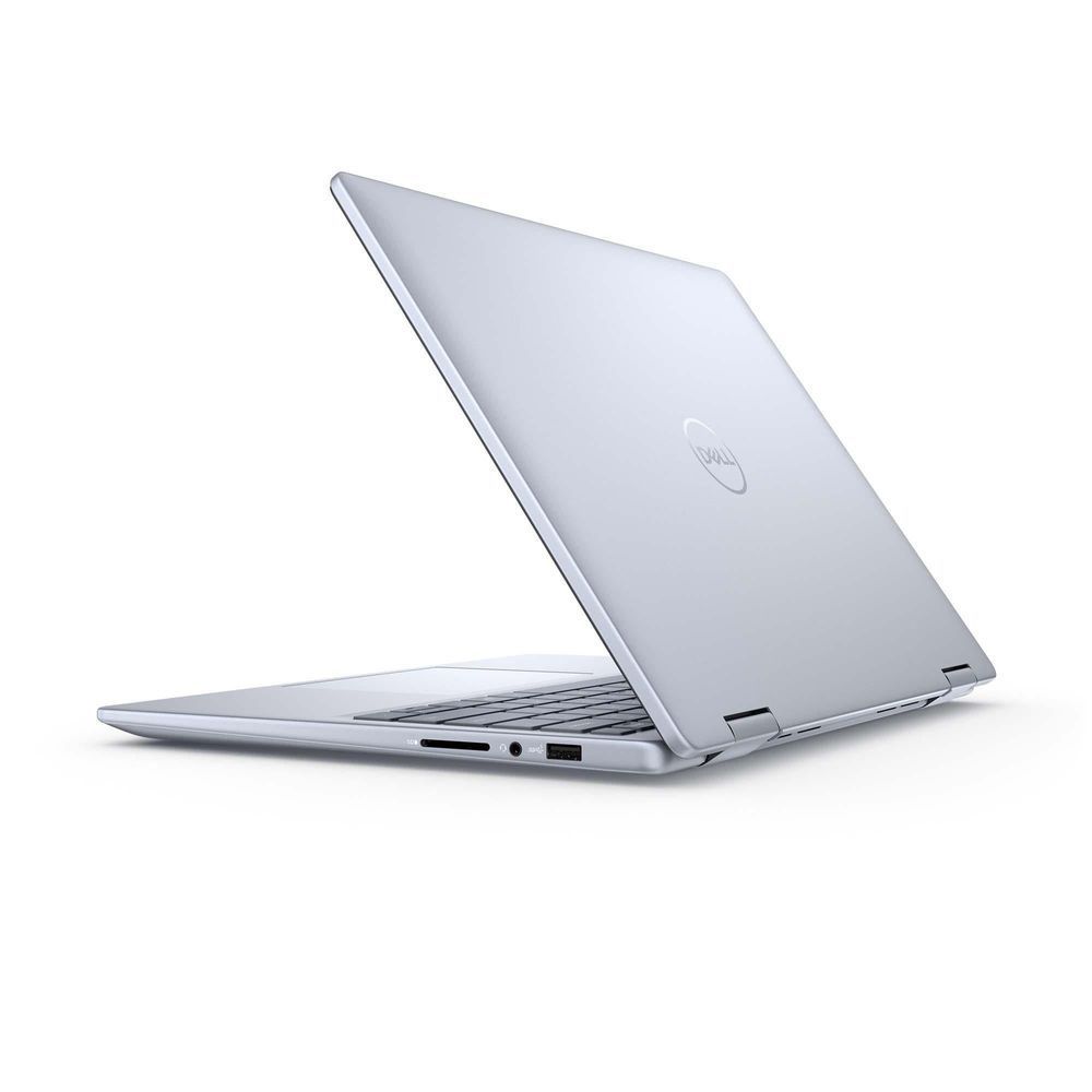 Dell Inspiron 7440 2-in-1 laptop side view, silver back with Dell logo, ports visible