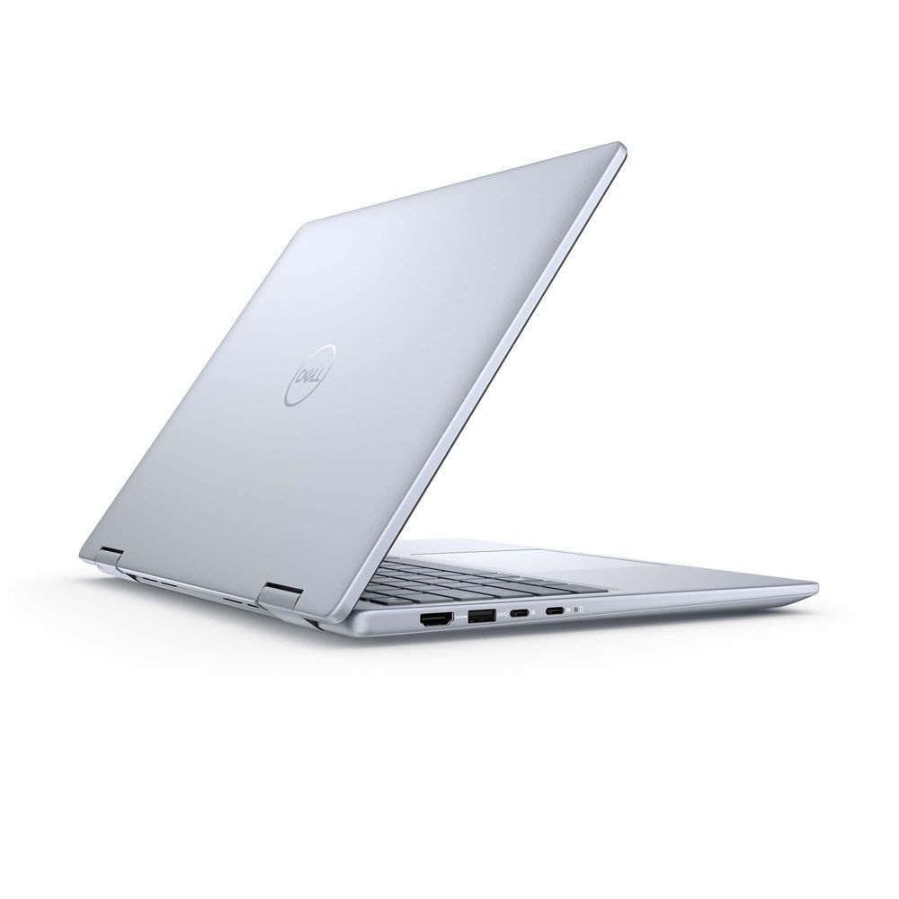 Dell Inspiron 7440 2-in-1 laptop close side view, silver chassis, vents and ports