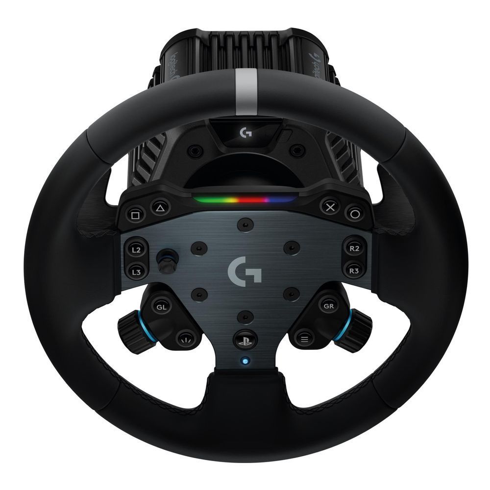 Logitech G RS steering wheel front view with RGB color bar and thumb control switches