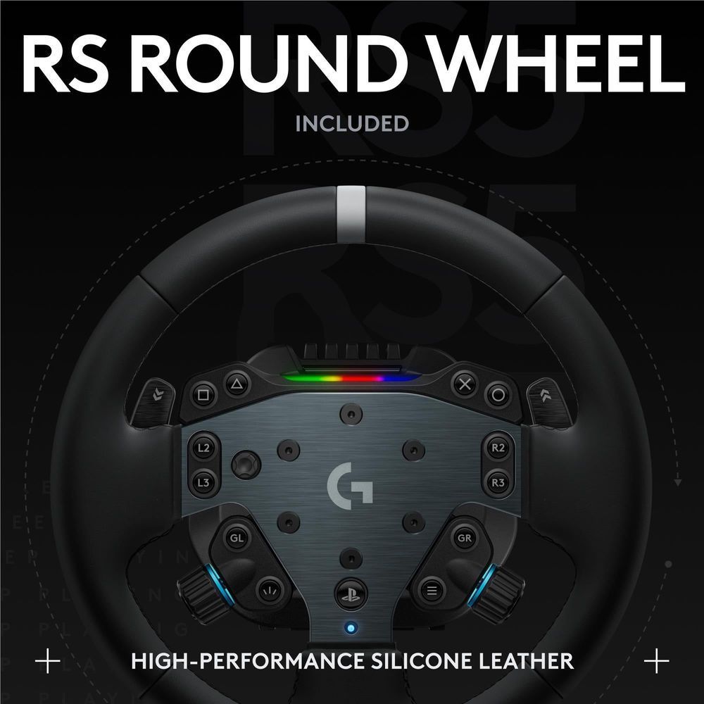 Logitech G RS round steering wheel with RGB strip and control buttons on center plate