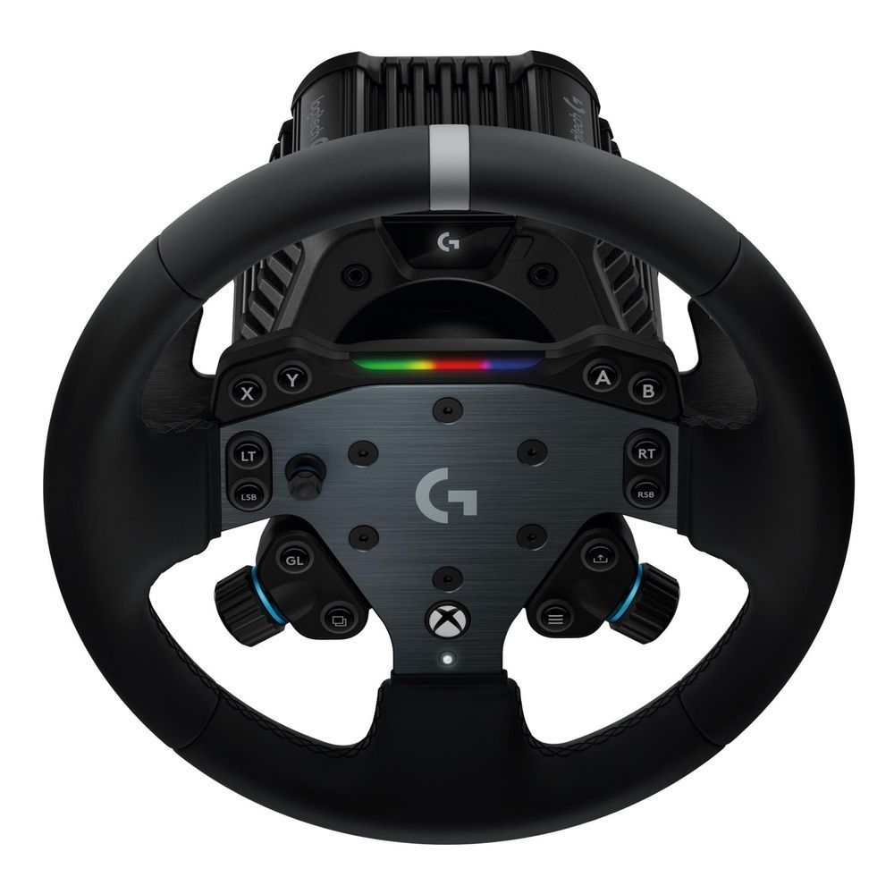 Gaming racing wheel front view with illuminated button strip and thumb control grips