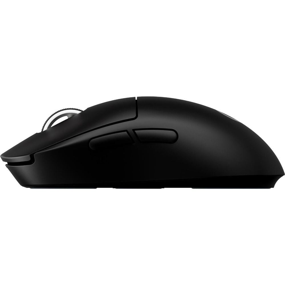 Black gaming mouse profile with side buttons and smooth curved shell