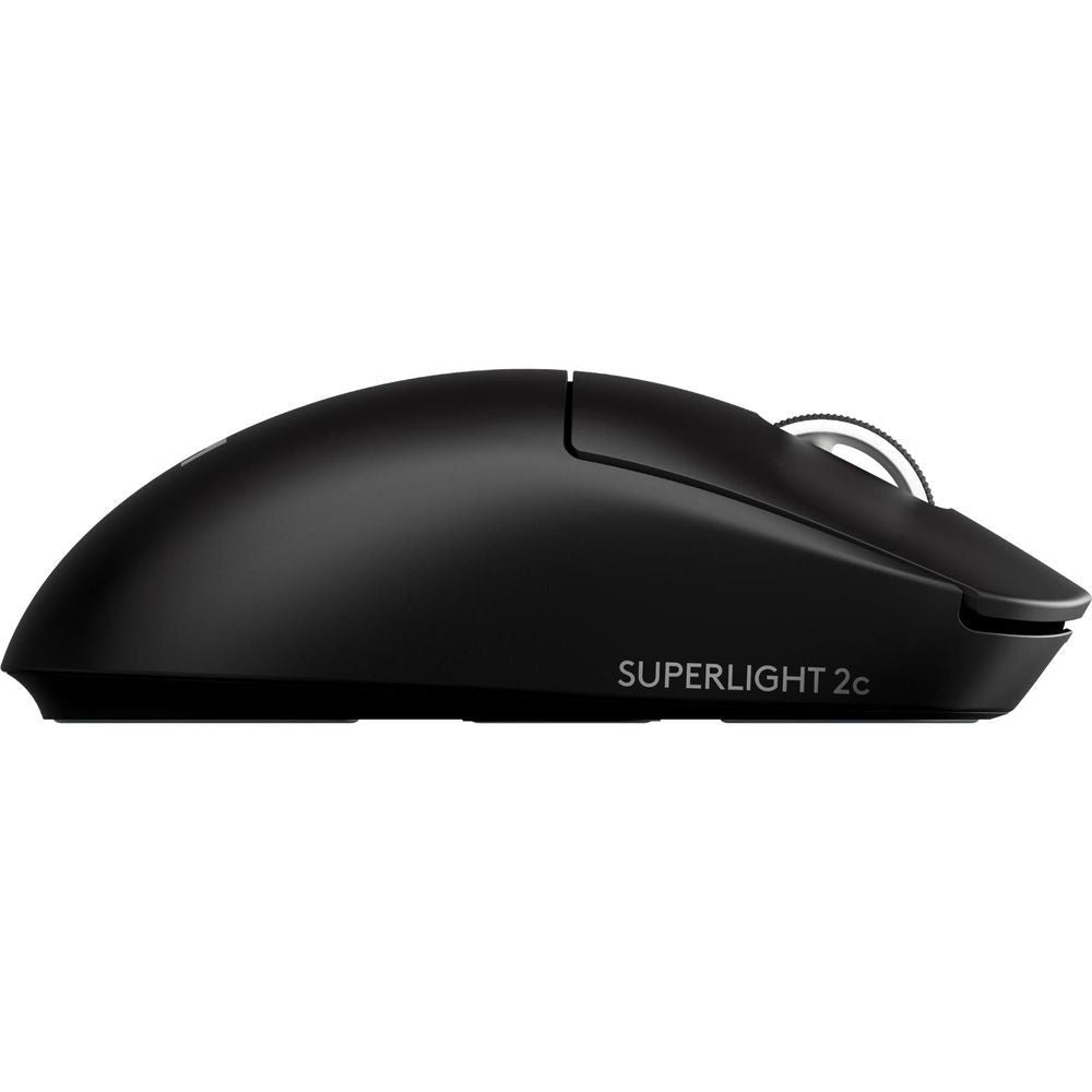 Black gaming mouse top view with 'SUPERLIGHT 2c' text and raised side grip