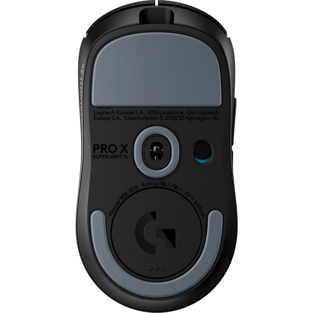 Black gaming mouse underside with PRO X logo, skates, and circular cable port