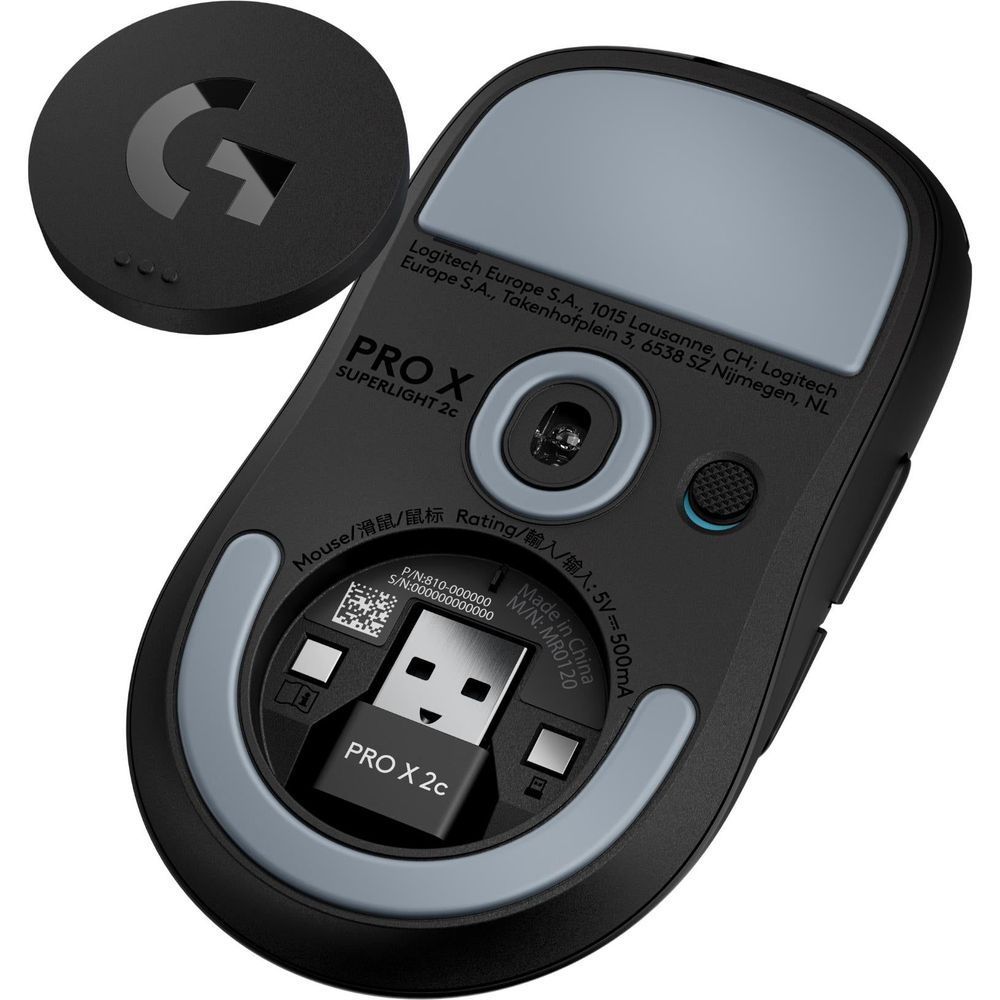 Black gaming mouse underside with 'PRO X SUPERLIGHT 2c' text and cable connector