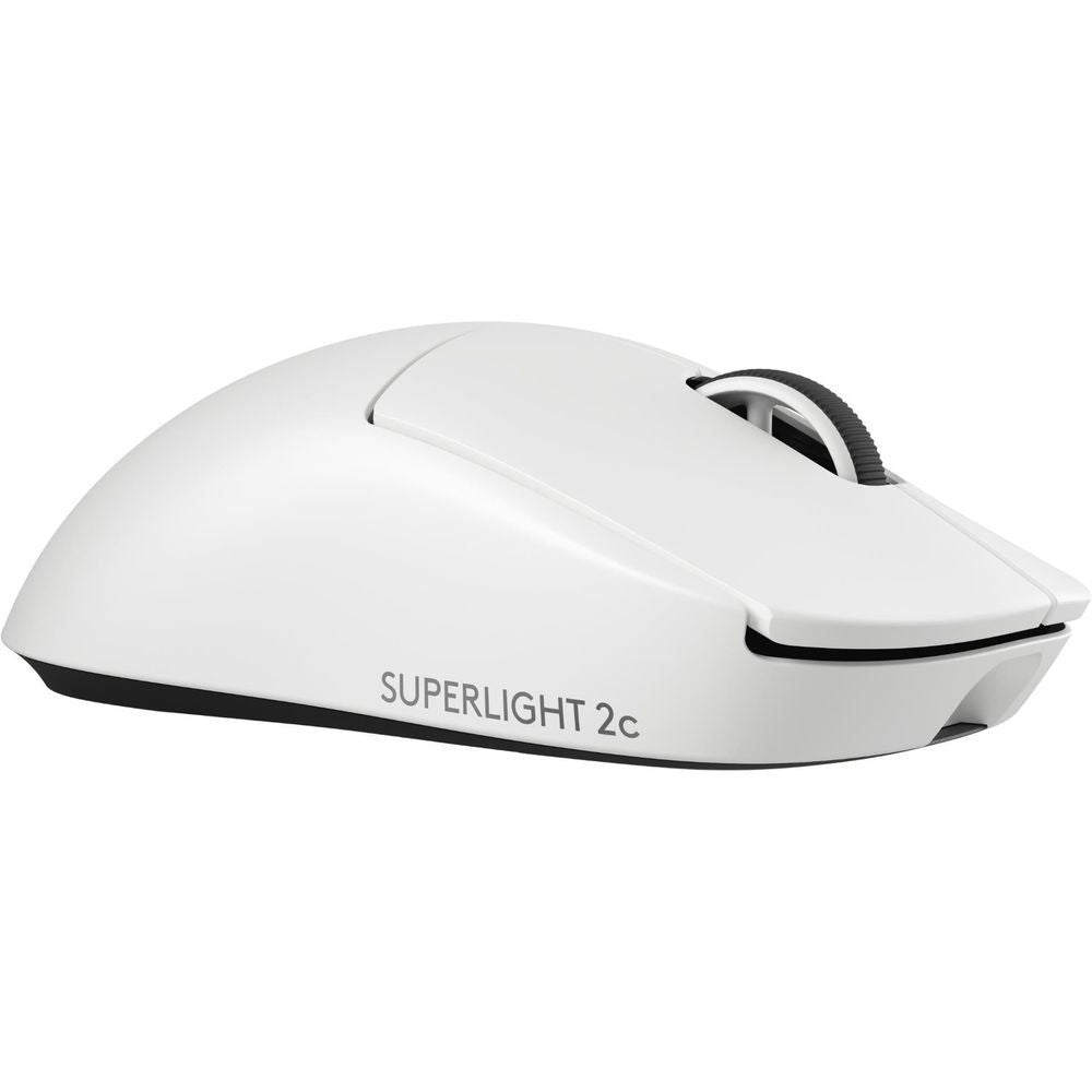 White gaming mouse with molded shell and “SUPERLIGHT 2c” text on top