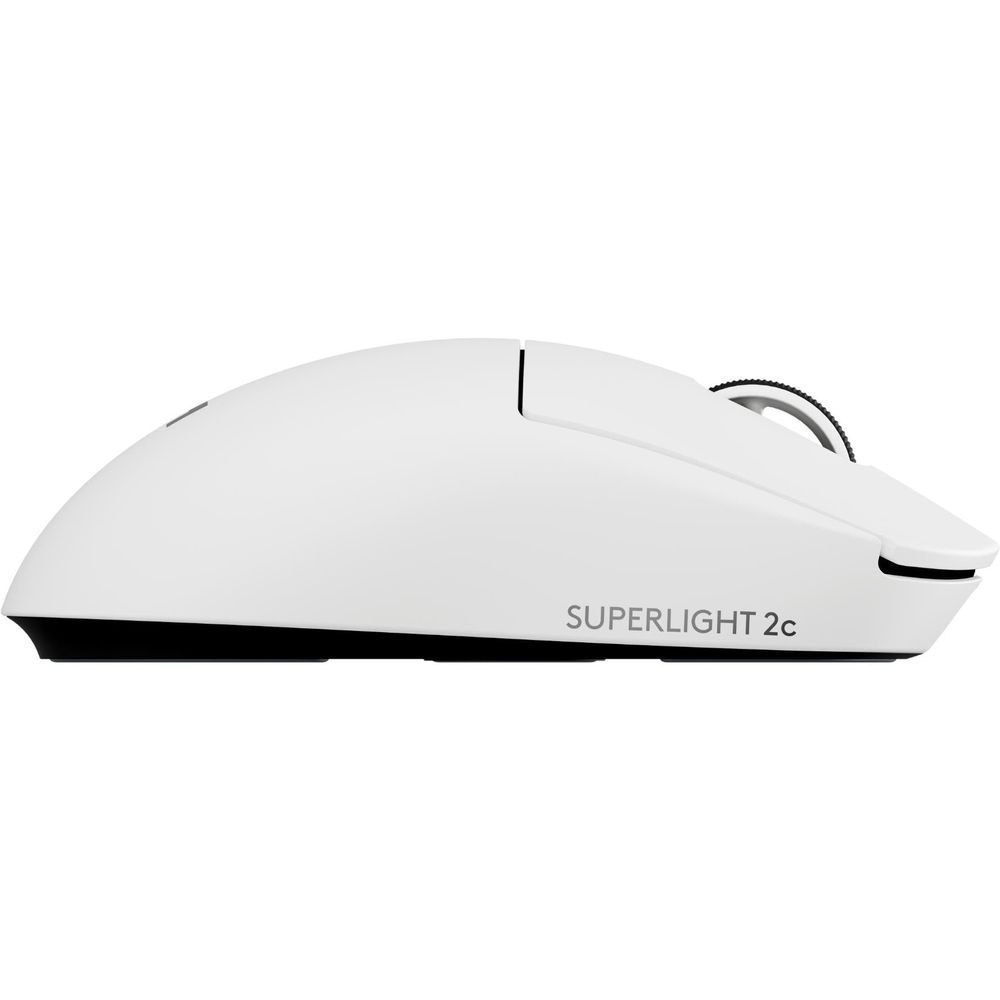 White gaming mouse side profile with smooth shell and low-profile feet