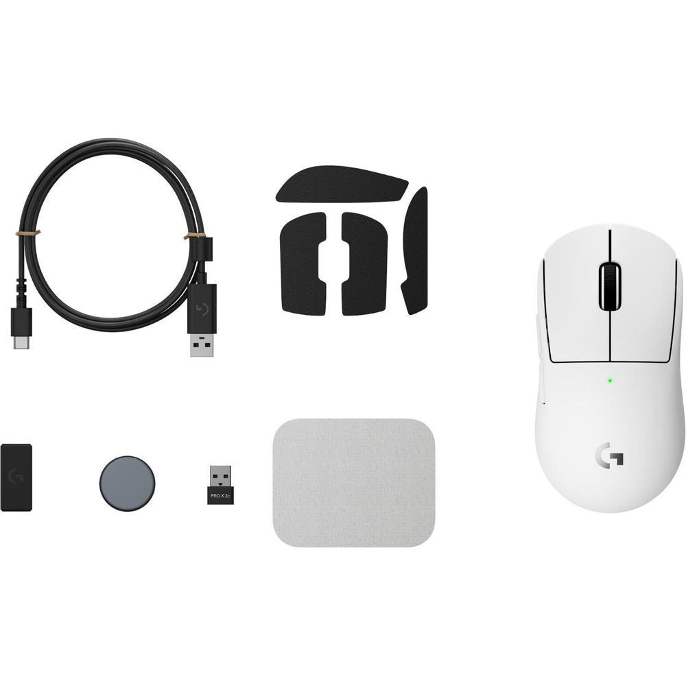 White wireless gaming mouse bundle with USB cable, spare feet, and adapter