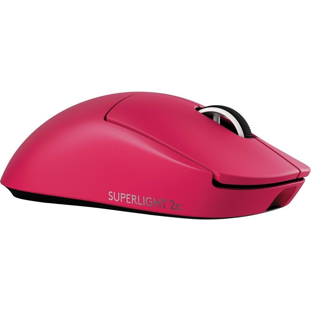 Magenta wireless gaming mouse top view with scroll wheel and smooth contours.